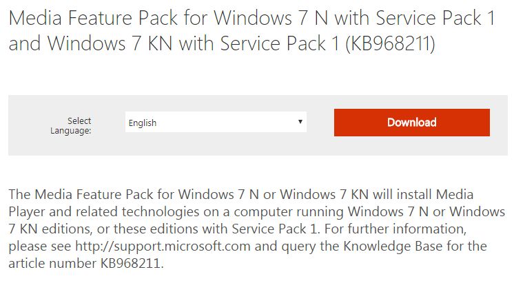 Media Feature Pack for Windows 7 N with Service Pack 1 and Windows 7 KN with Service Pack 1 (KB968211)